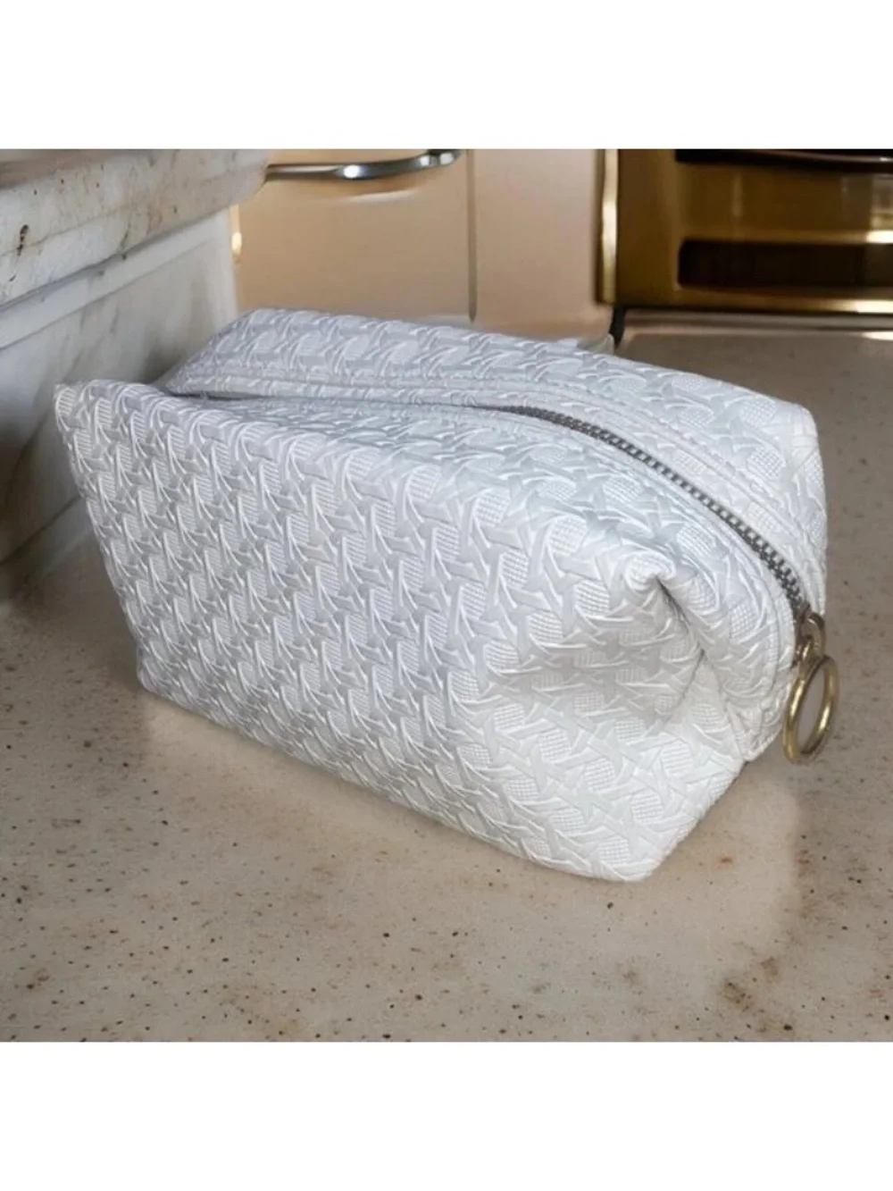 Tory Burch Woven Textured White Faux Leather Cosmetics/Toiletries Zip Pouch Bag
